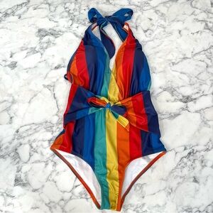 ModCloth x Collectif The Brooke One-Piece Halter Swimsuit Rainbow Stripes XS